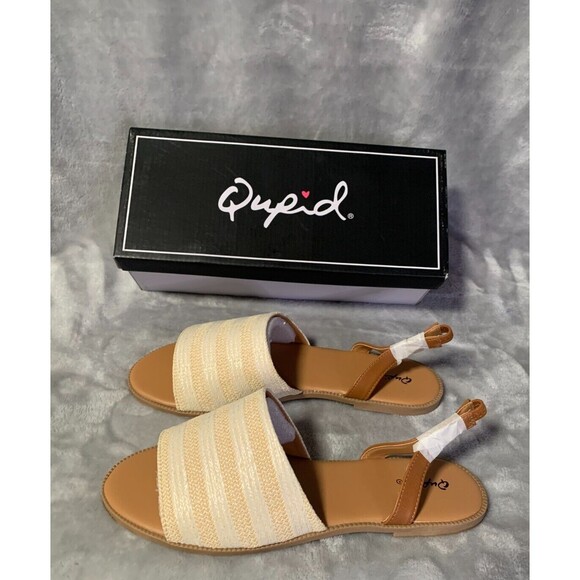 Qupid Sandals Women's 10 Cream Beige Open Toe Slingback Flat Desmond Vacation - Picture 2 of 11